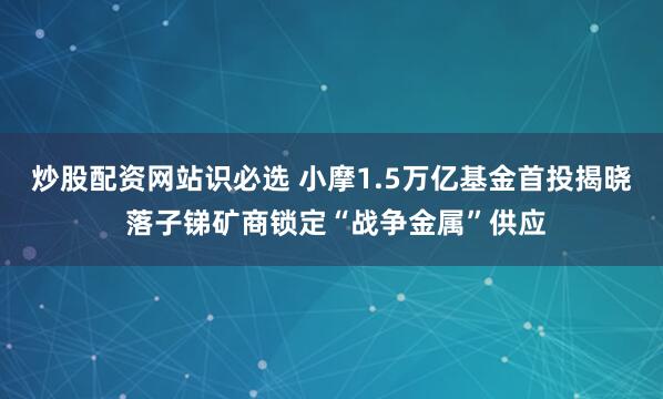 炒股配资网站识必选 小摩1.5万亿基金首投揭晓 落子锑矿商锁定“战争金属”供应